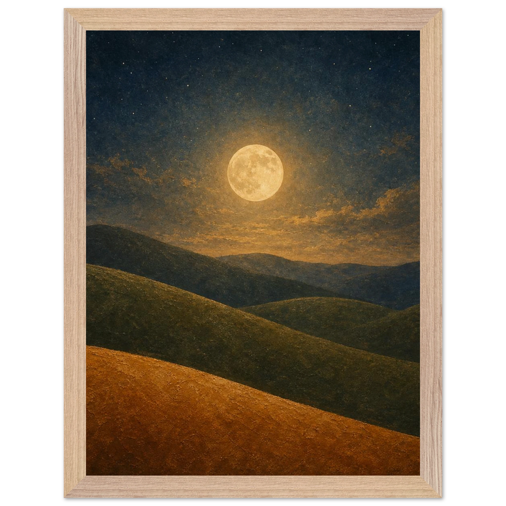 Quadro emoldurado Colinas da Lua, lua cheia sobre colinas em oliva e argila