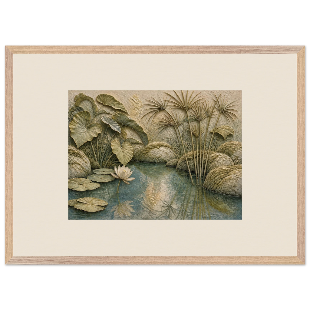 Papyrus Pond: lake, papyrus and serene greens. Framed fine art print, alternate frame and size.