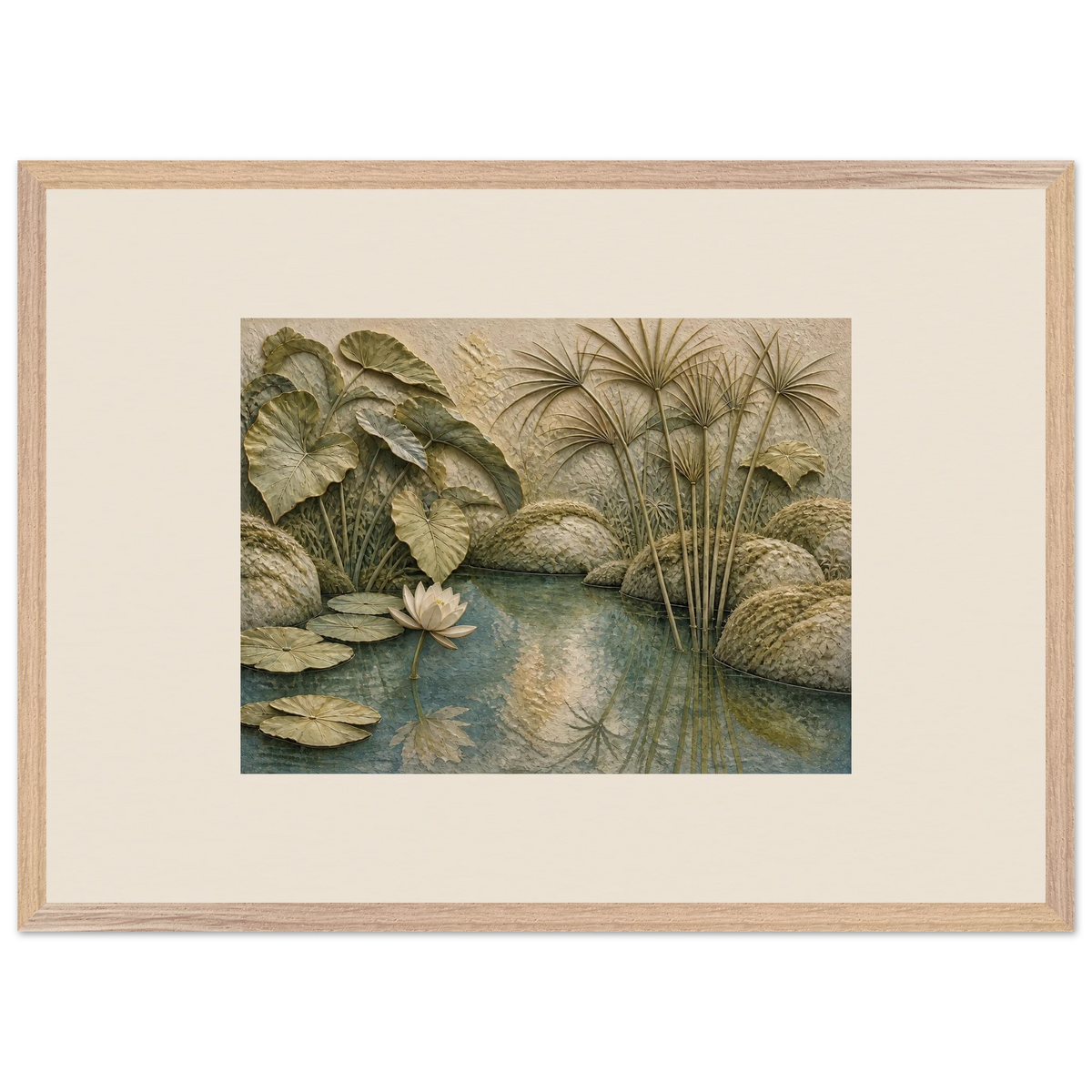 Papyrus Pond: lake, papyrus and serene greens. Framed fine art print, alternate frame and size.
