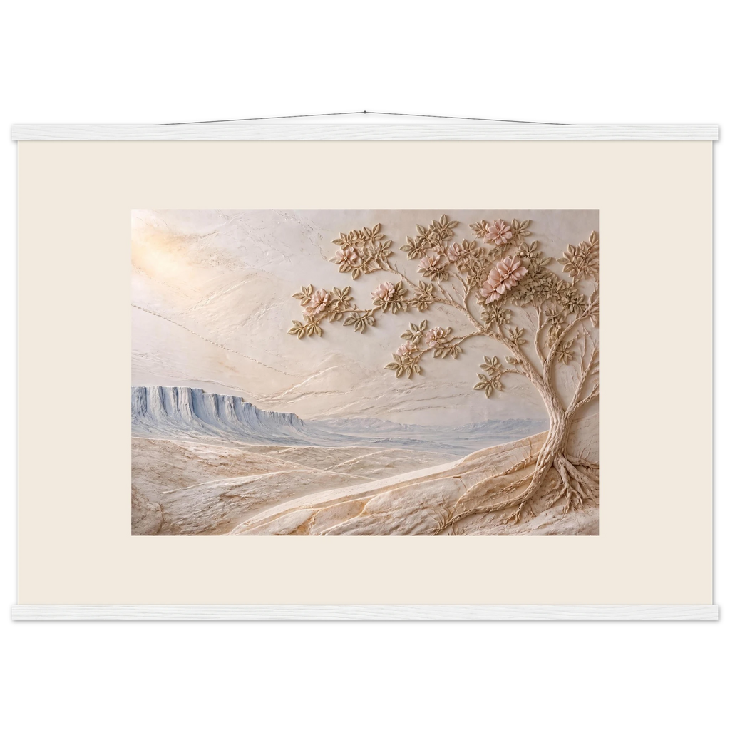 Cliffside Bloom: petra and flora. Fine art poster, alternate frame and size.