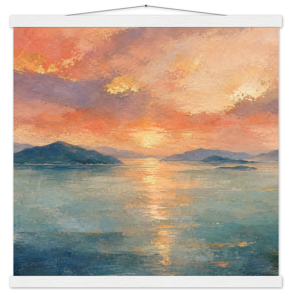 Setouchi Peach Dawn: inland sea, islands and golden reflection. Fine art poster with wooden hanger by The Light Stays.