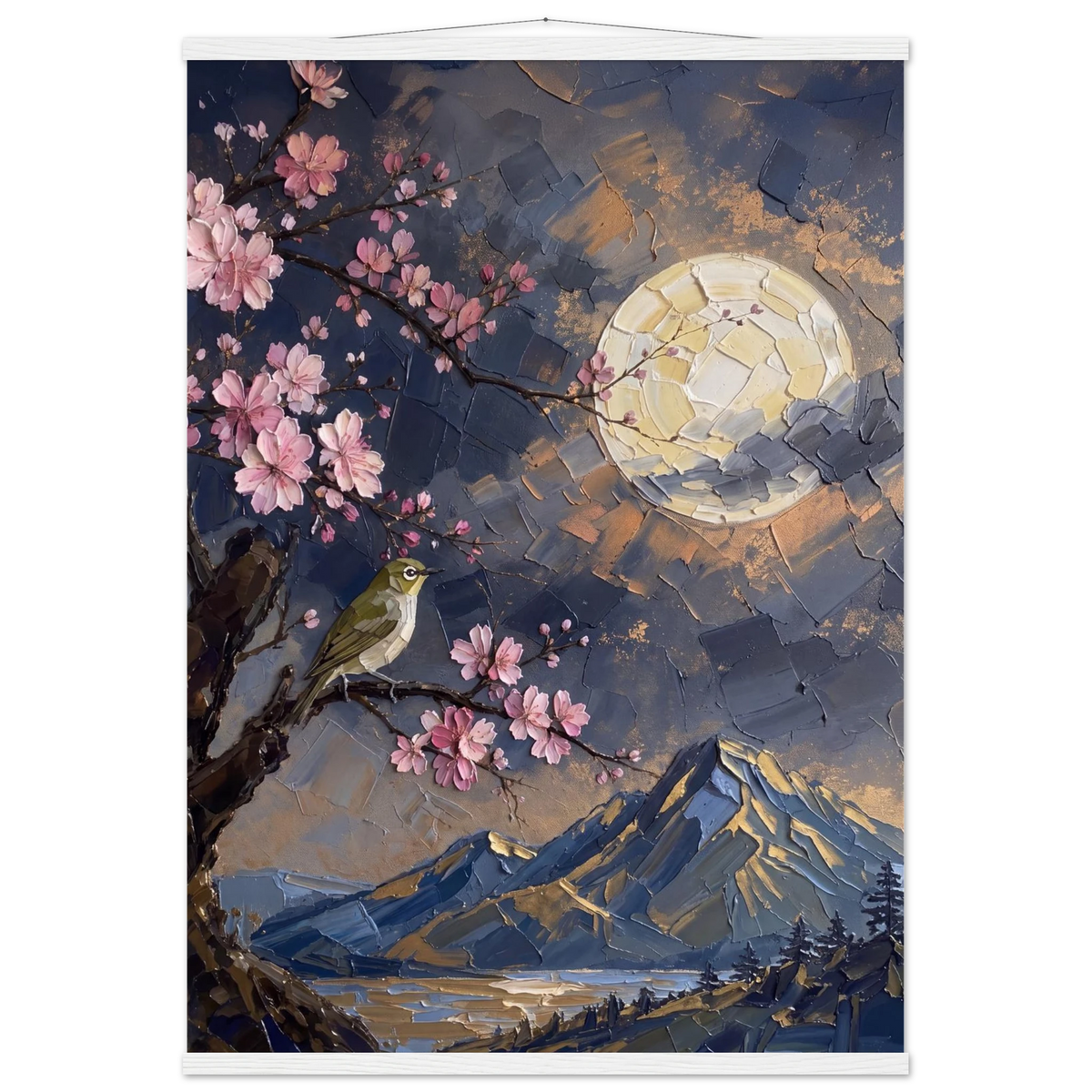 Blossom Moon: cherry blossom, japanese landscape and night. Fine art poster with wooden hanger by The Light Stays.