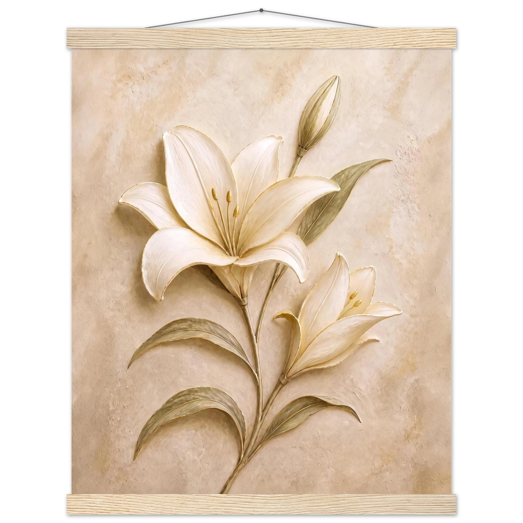 Alabaster Lily, flowers and botanical. Archival fine art poster shown framed.