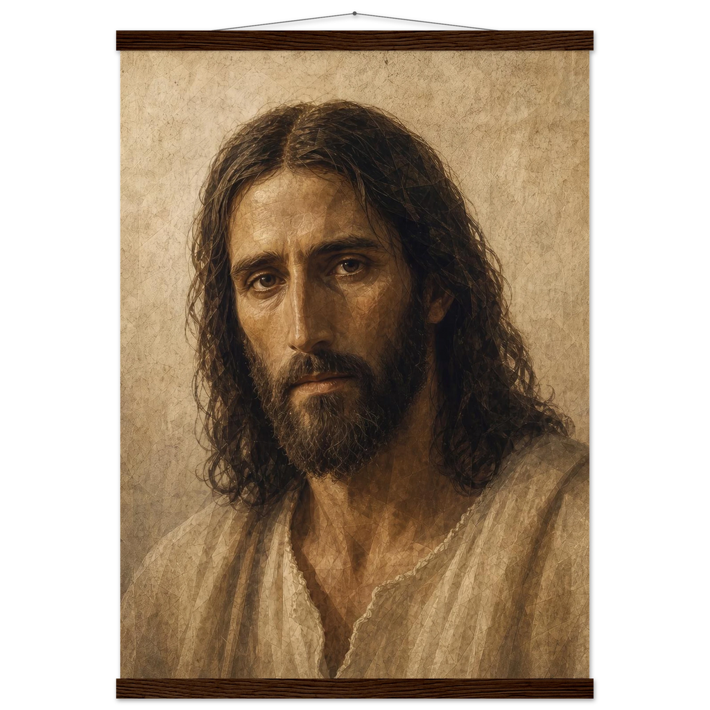 Pôster Kind Eyes com suporte de madeira, retrato sereno de Jesus em luz quente