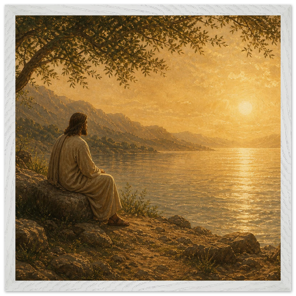 Quadro cristão Bênção do Lago, Jesus sob uma oliveira diante de um lago dourado