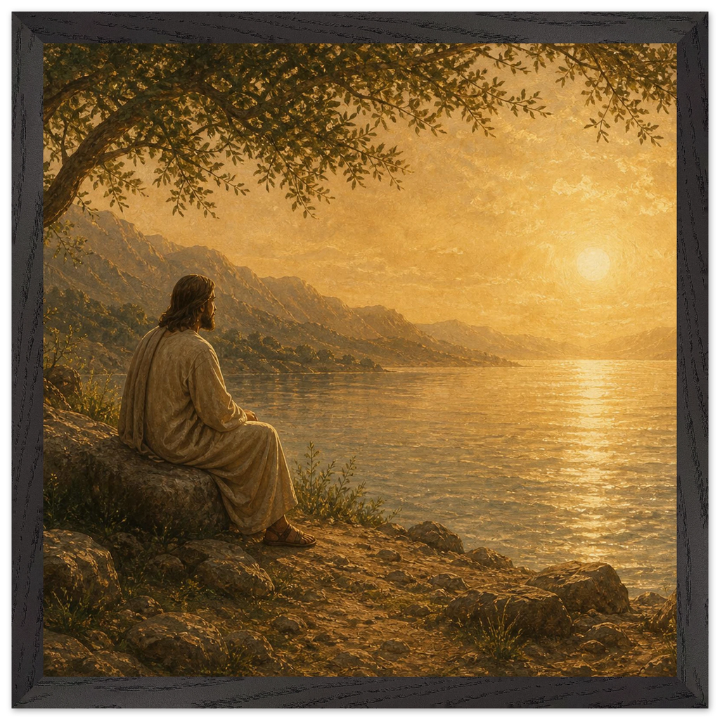 Quadro cristão Bênção do Lago, Jesus sob uma oliveira diante de um lago dourado