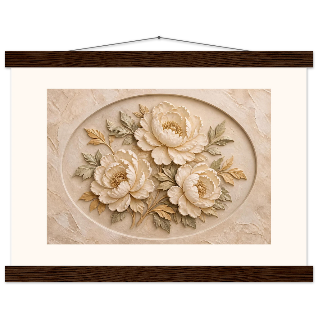 Peonies in Stone, flowers and botanical. Archival fine art poster shown framed.