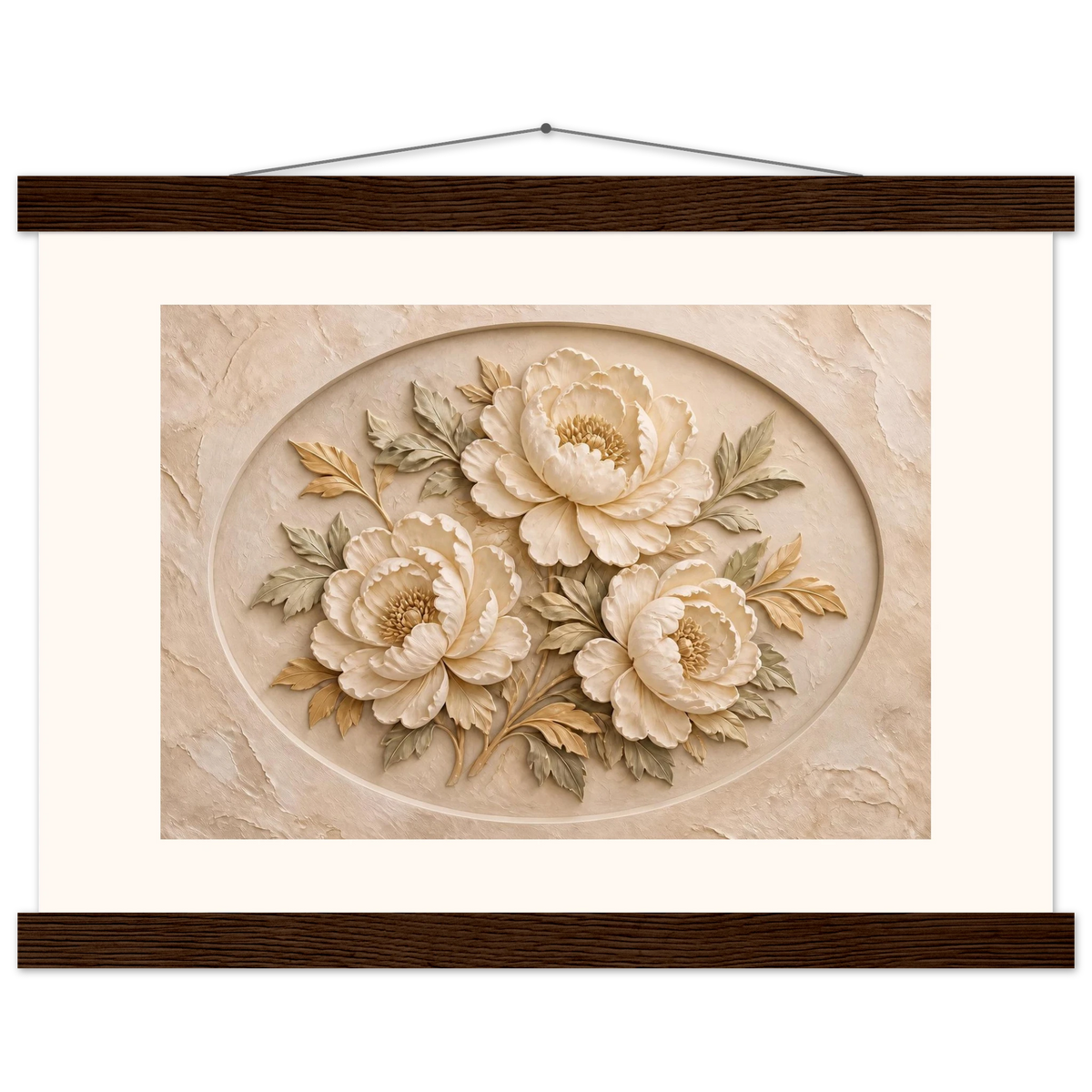 Peonies in Stone, flowers and botanical. Archival fine art poster shown framed.