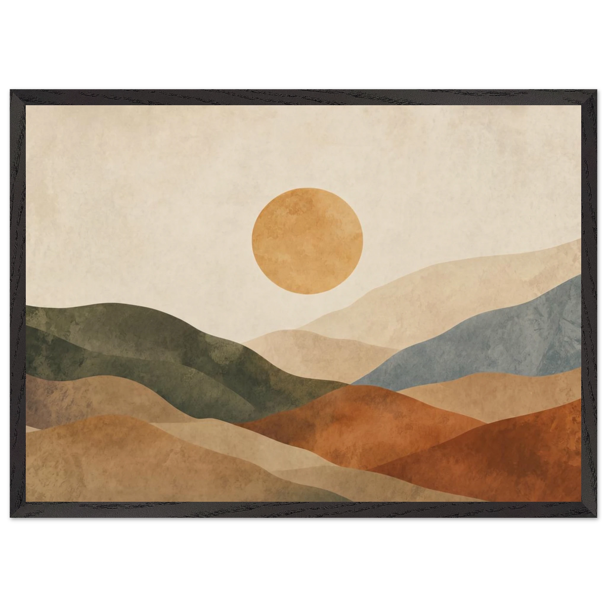 Kindled Earth: sun, hills and ochre palette. Framed fine art print by The Light Stays.