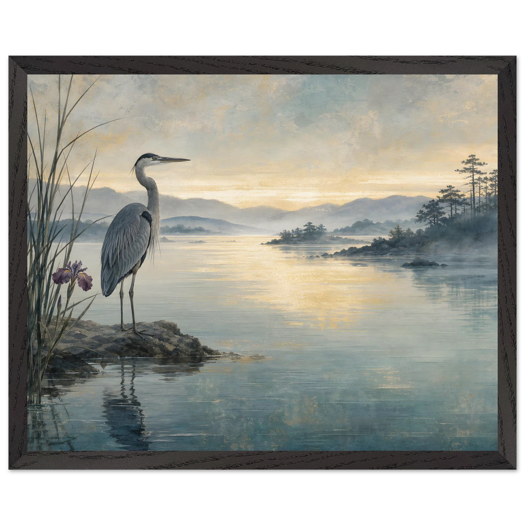 Heron at Dawn: japanese art and japandi. Museum-quality framed fine art print.