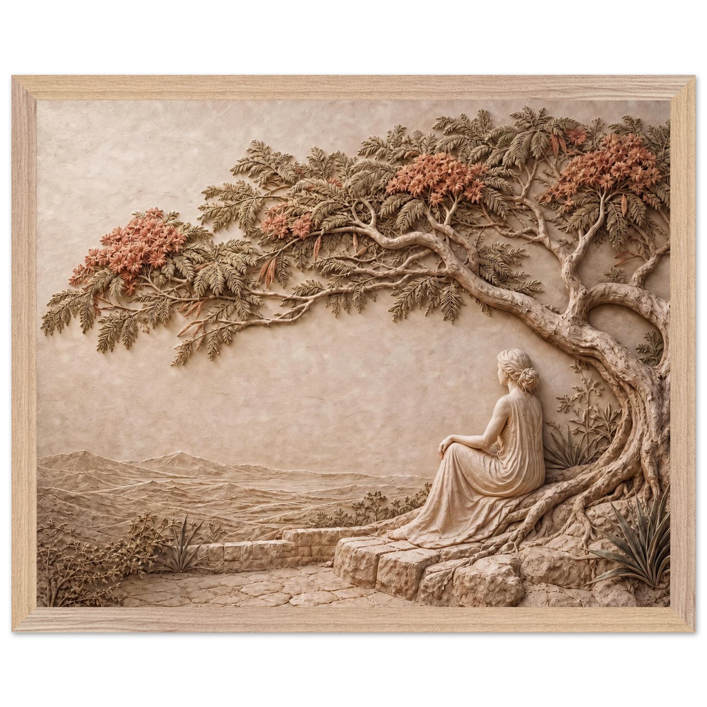 Under the Blossoms: impasto, figure and blossoming canopy. Framed fine art print by The Light Stays.