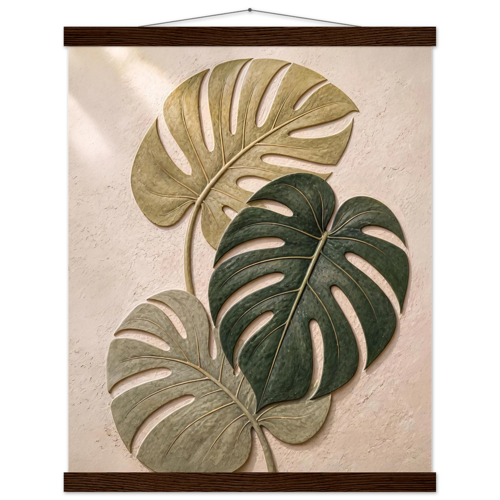 Stone Monstera, botanical and nature. Archival fine art poster shown framed.