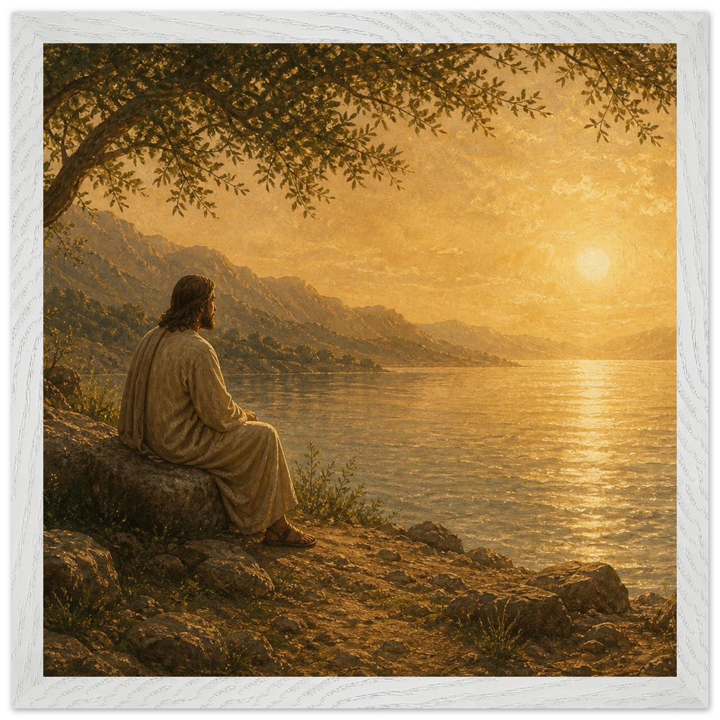 Quadro cristão Bênção do Lago, Jesus sob uma oliveira diante de um lago dourado