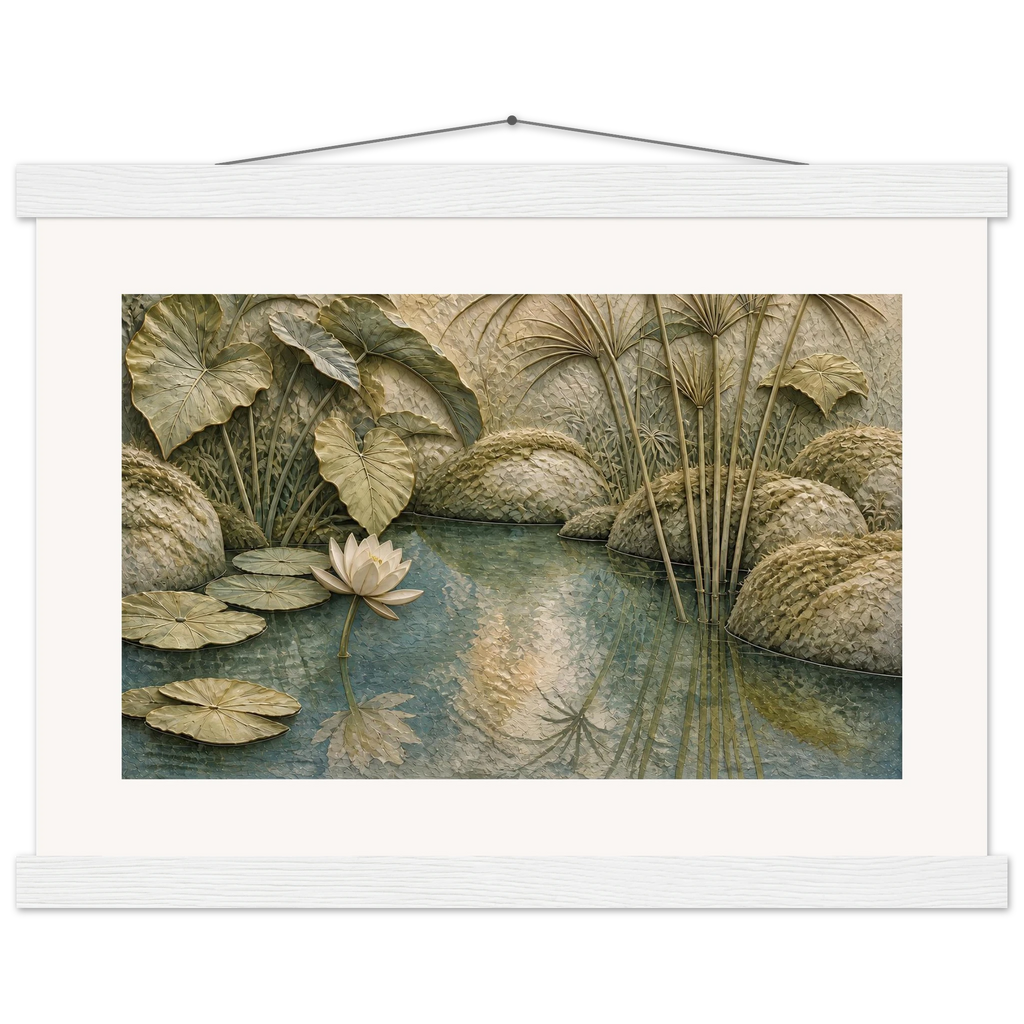 Papyrus Pond: lake, papyrus and serene greens. Fine art poster by The Light Stays.