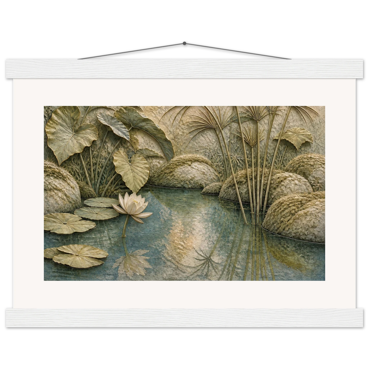 Papyrus Pond: lake, papyrus and serene greens. Fine art poster by The Light Stays.