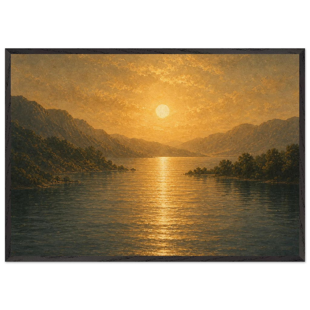 Quadro emoldurado Reflexo Dourado, lago e montanhas sob luz dourada