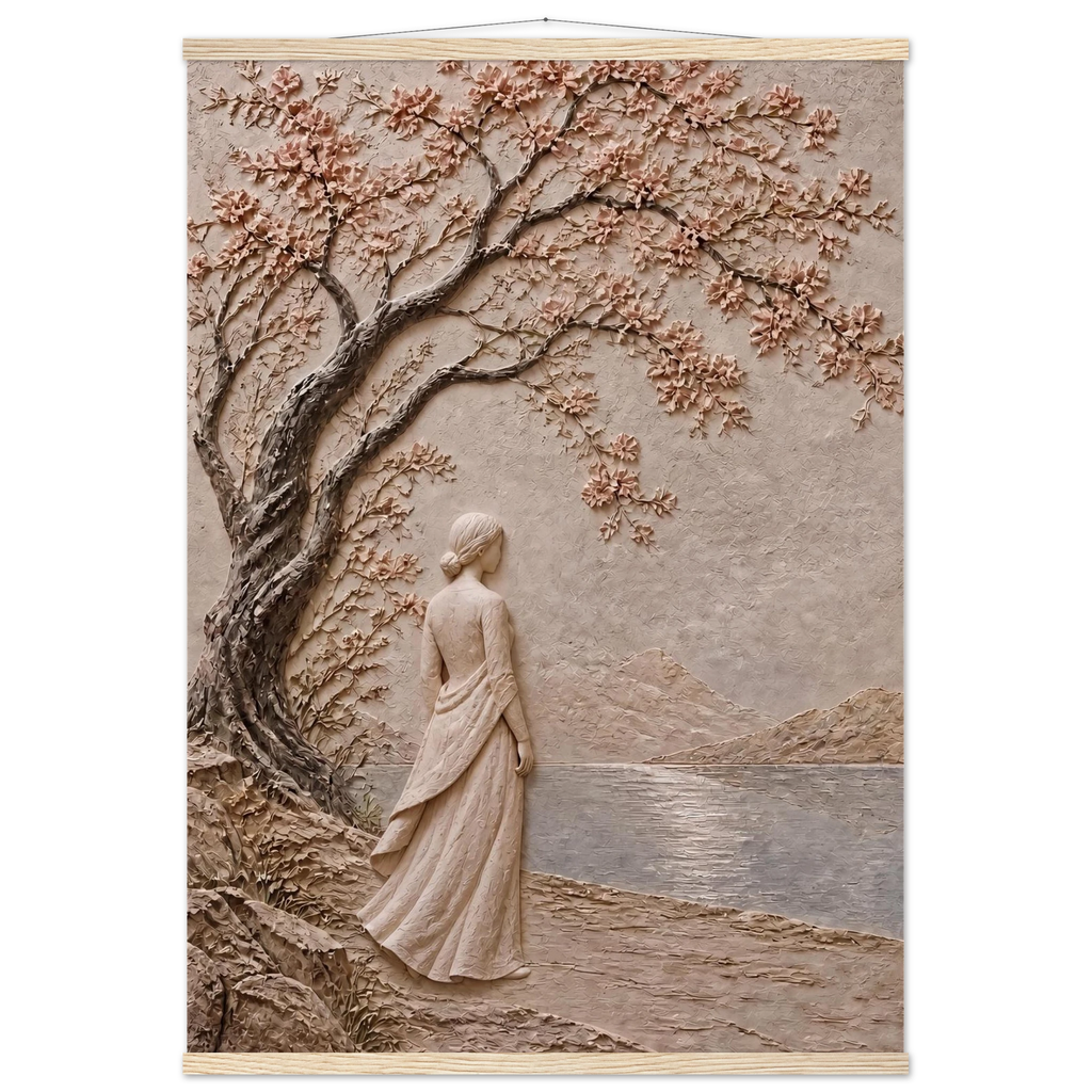 Spring Walk: impasto, lake and blossoming tree. Fine art poster, alternate frame and size.