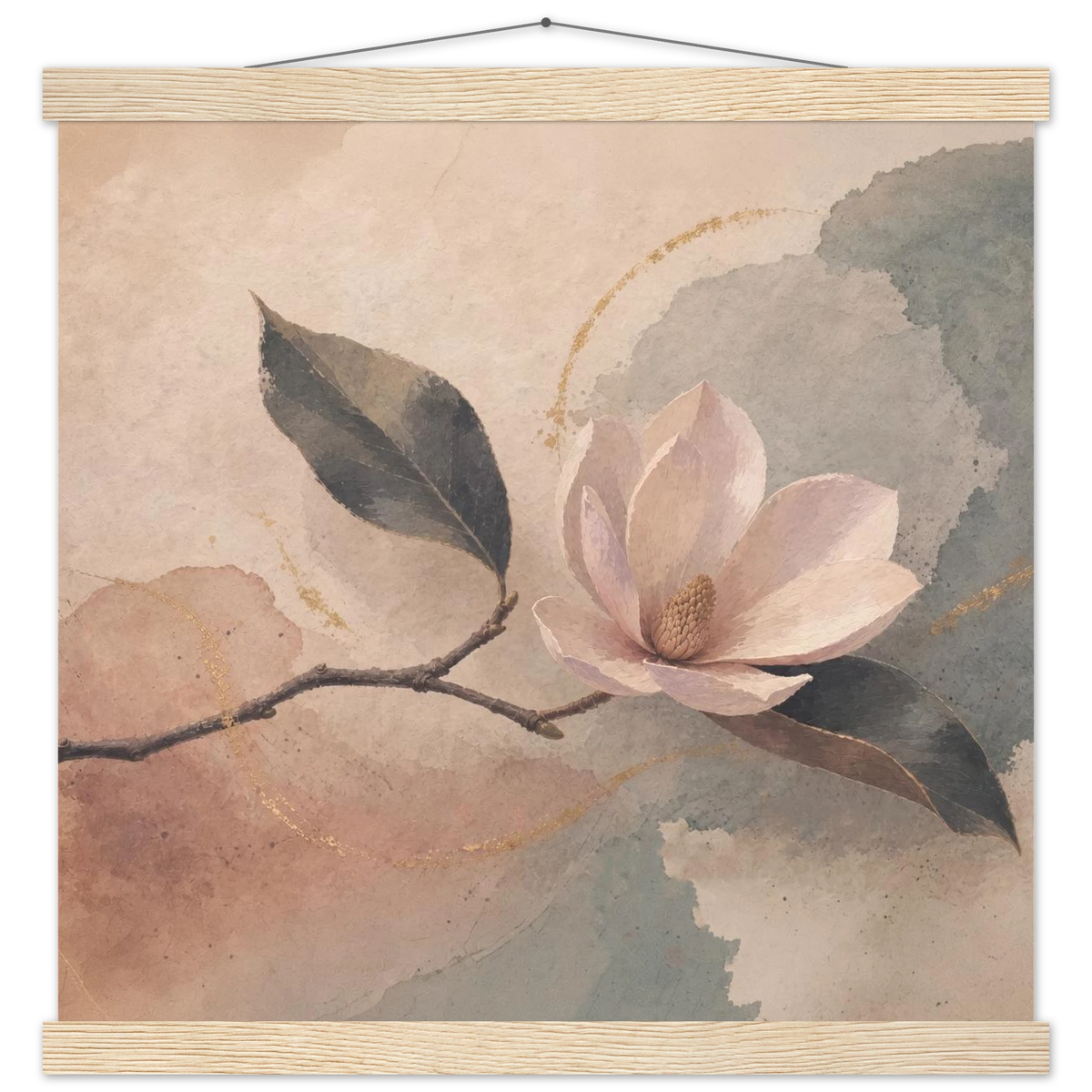 Magnolia Reverie: botanical, sage and japandi. Fine art poster with wooden hanger by The Light Stays.