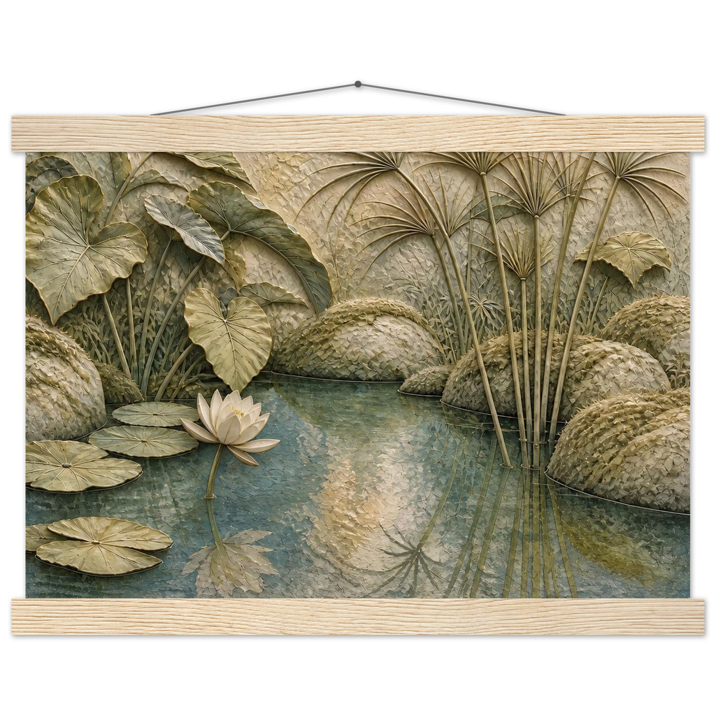 Papyrus Pond: lake, papyrus and serene greens. Fine art poster, alternate frame and size.