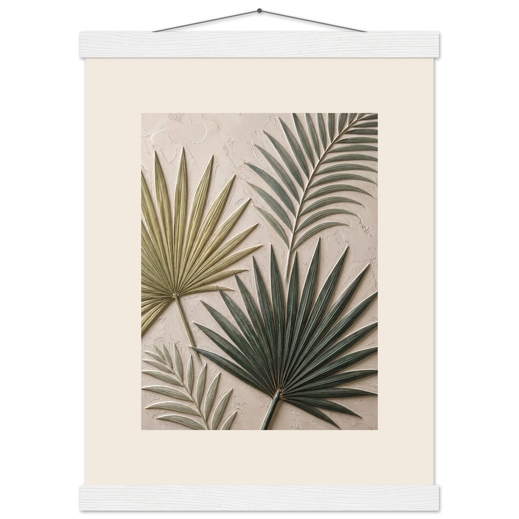 Carved Fronds, impasto, leaves and sand tones. Archival fine art poster shown framed.
