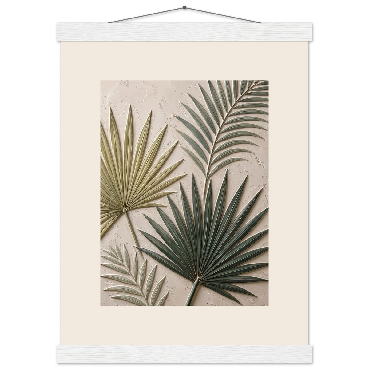 Carved Fronds, impasto, leaves and sand tones. Archival fine art poster shown framed.