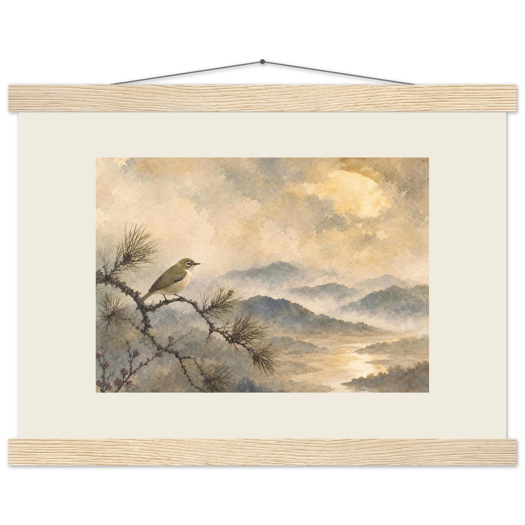 Golden Moon Bird: japanese art and japandi. Fine art poster.