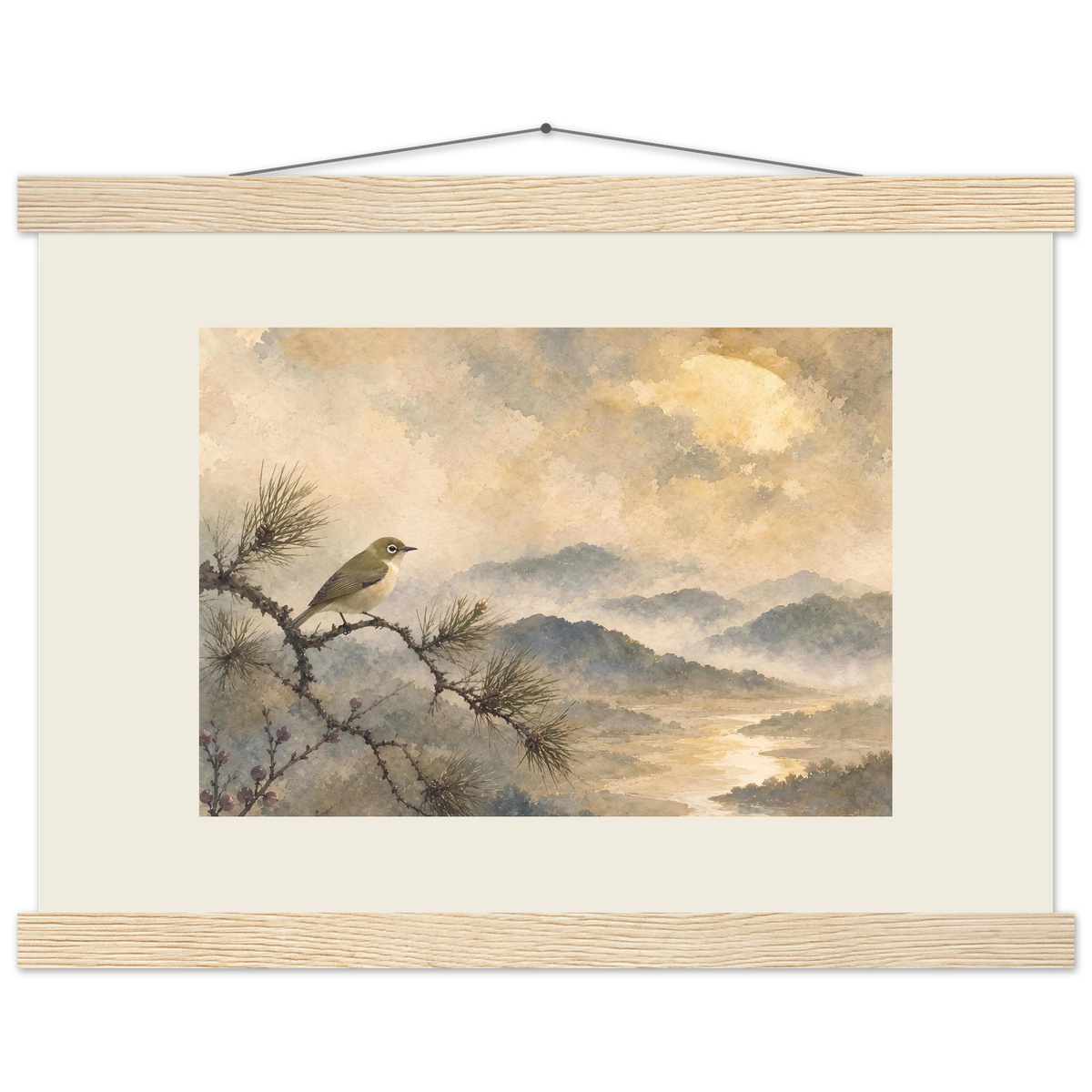 Golden Moon Bird: japanese art and japandi. Fine art poster.