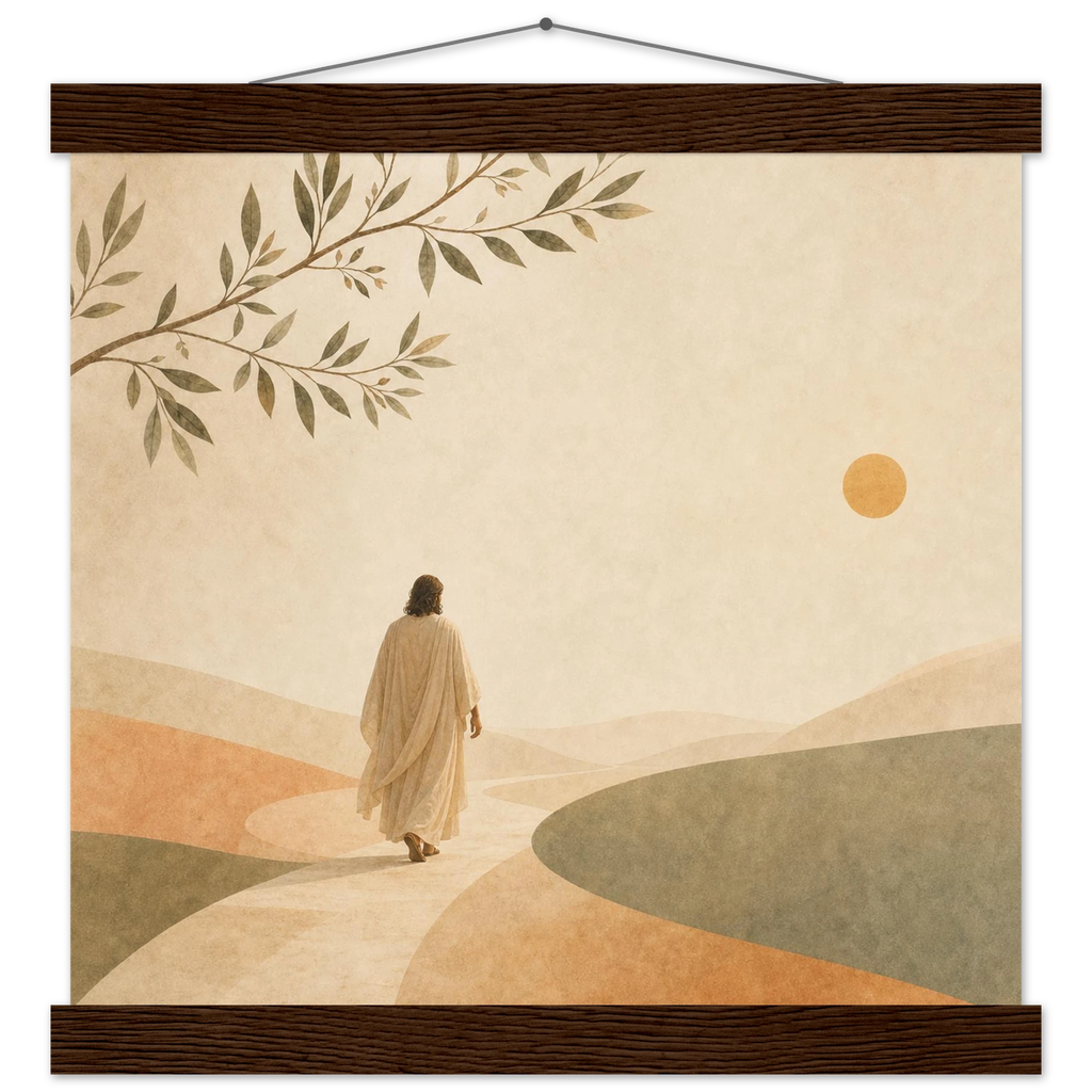 Pôster Dust Road com suporte de madeira, Jesus caminhando por paisagem aberta