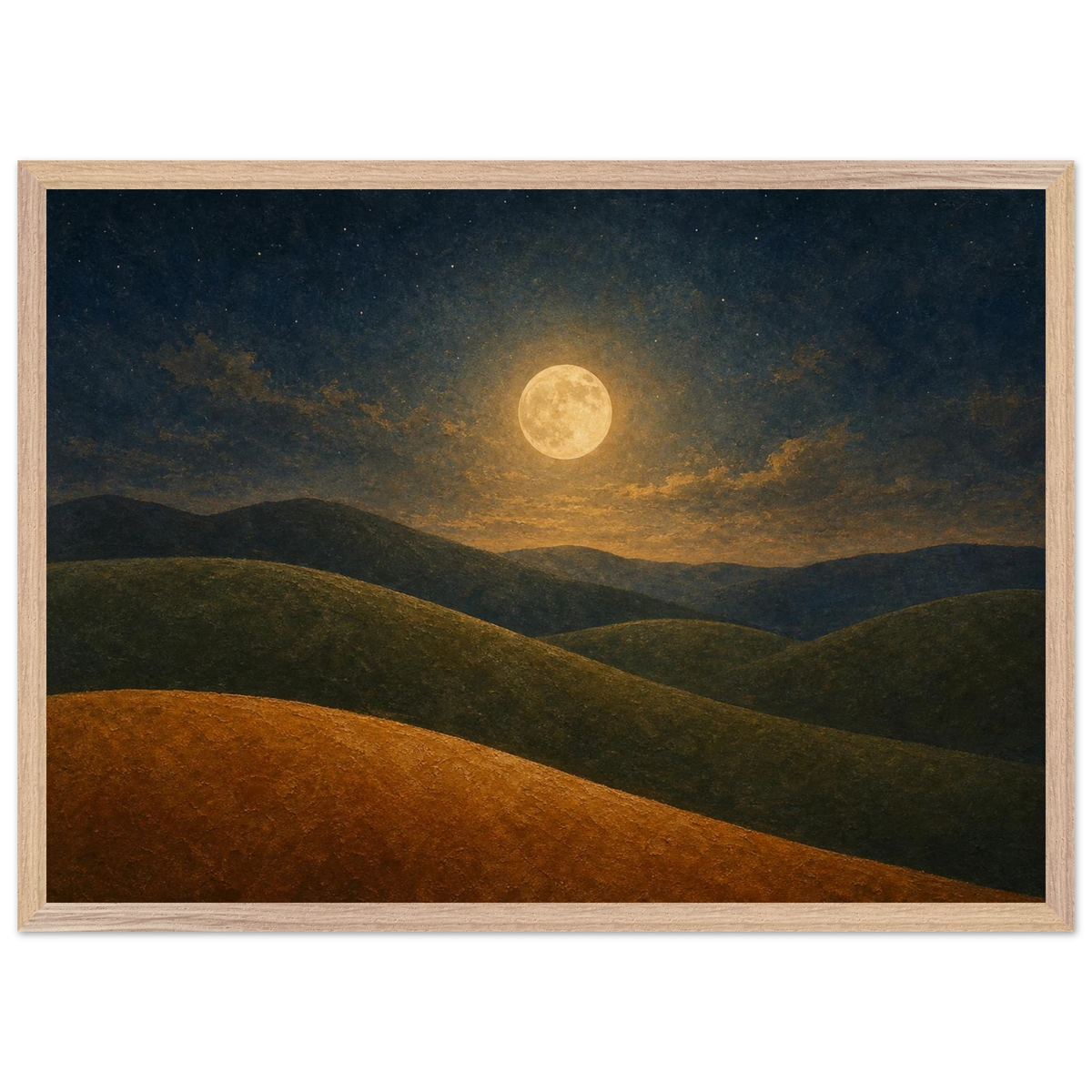 Moon Hills: night, minimalist landscape and charcoal. Framed fine art print by The Light Stays.