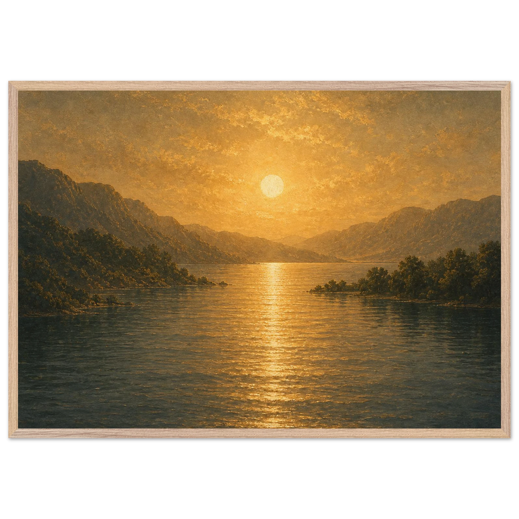 Quadro emoldurado Reflexo Dourado, lago e montanhas sob luz dourada