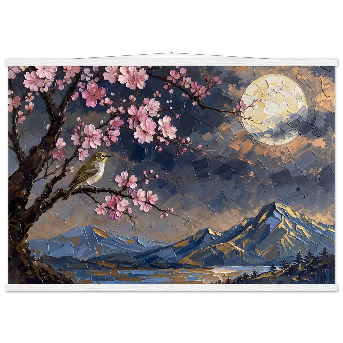 Blossom Moon: cherry blossom, japanese landscape and night. Fine art poster with wooden hanger by The Light Stays.