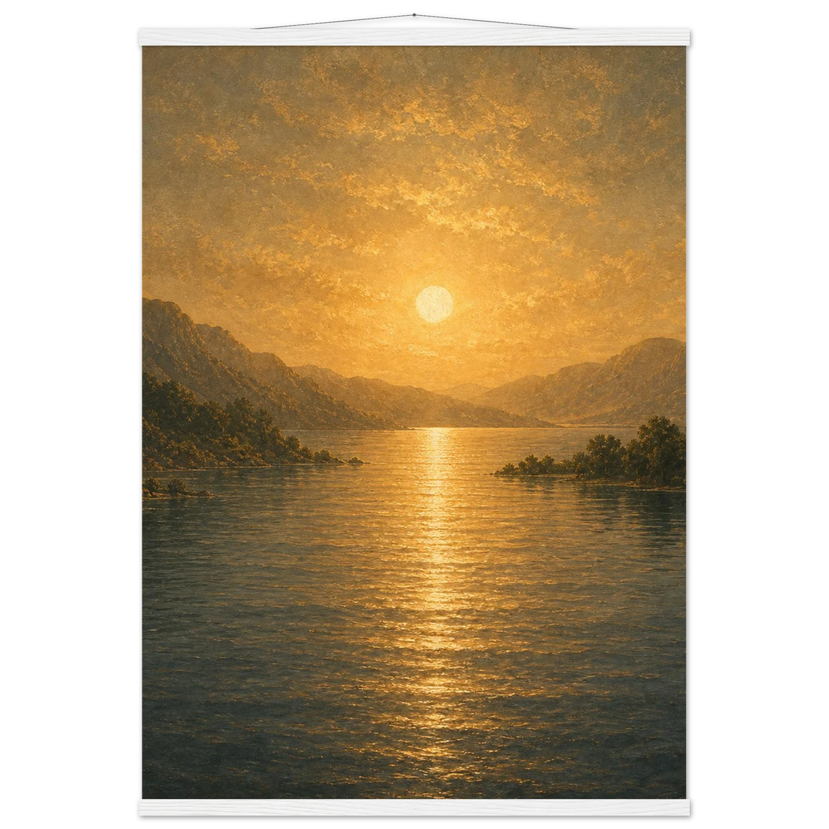 Golden Reflection: lake, sunset and mountains. Fine art poster with wooden hanger by The Light Stays.