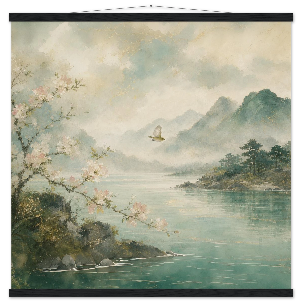 Celadon Flight: birds, japanese landscape and japandi. Fine art poster with wooden hanger by The Light Stays.