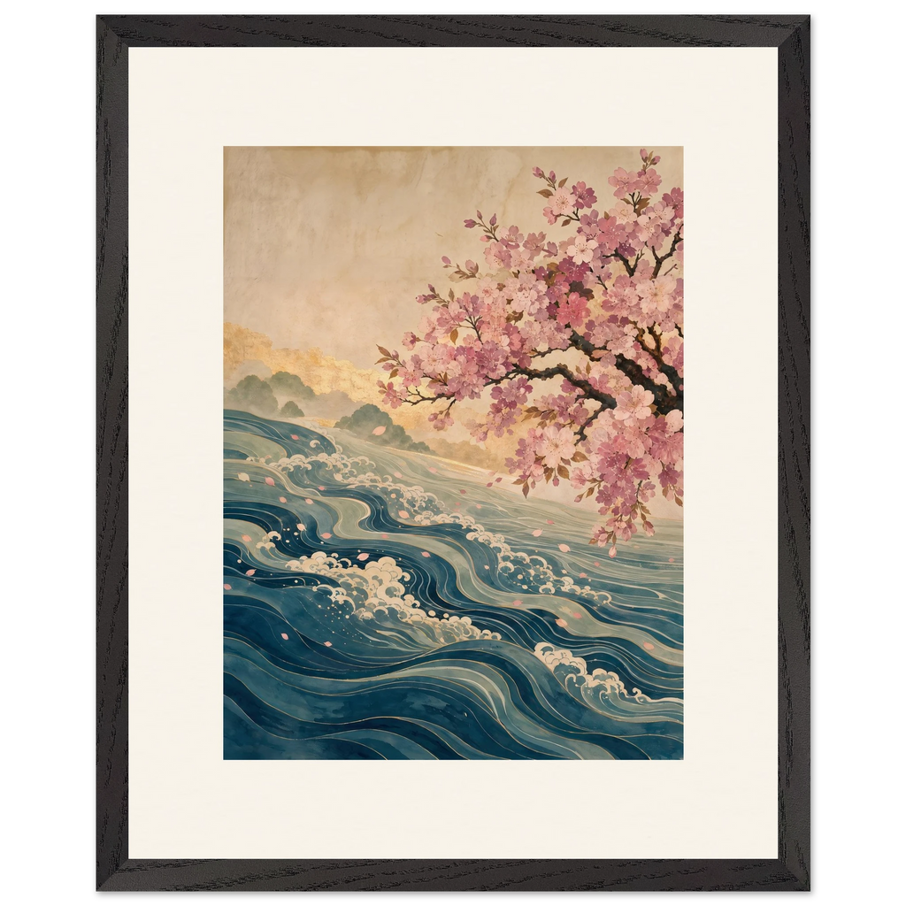 Blossom Tide: japanese art, cherry blossom and wave. Framed fine art print by The Light Stays.