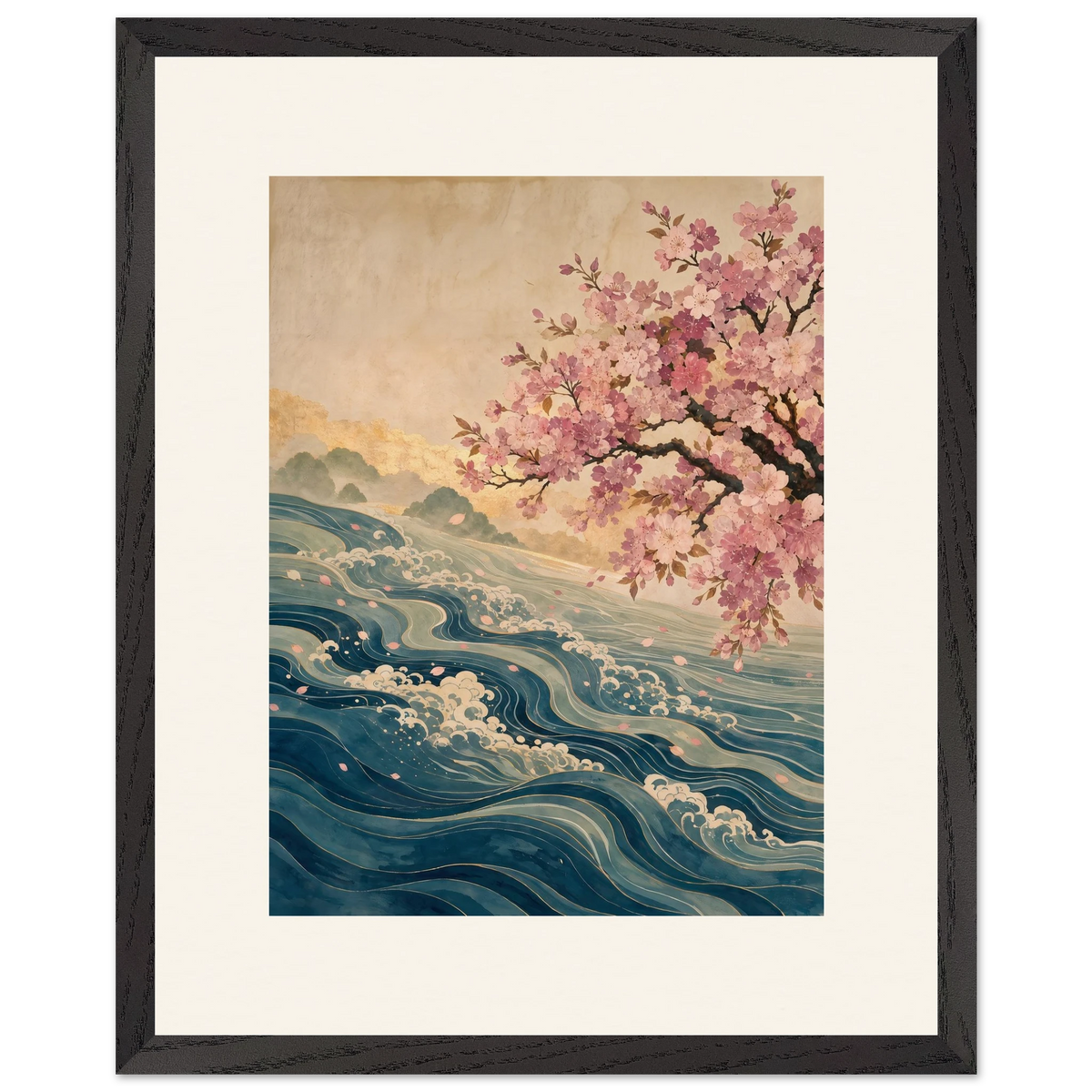 Blossom Tide: japanese art, cherry blossom and wave. Framed fine art print by The Light Stays.