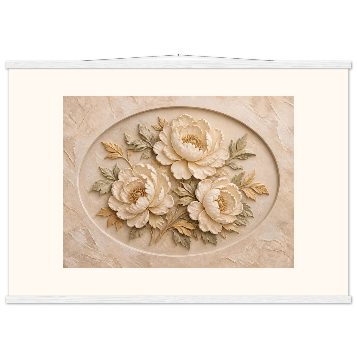 Peonies in Stone, flowers and botanical. Archival fine art poster shown framed.