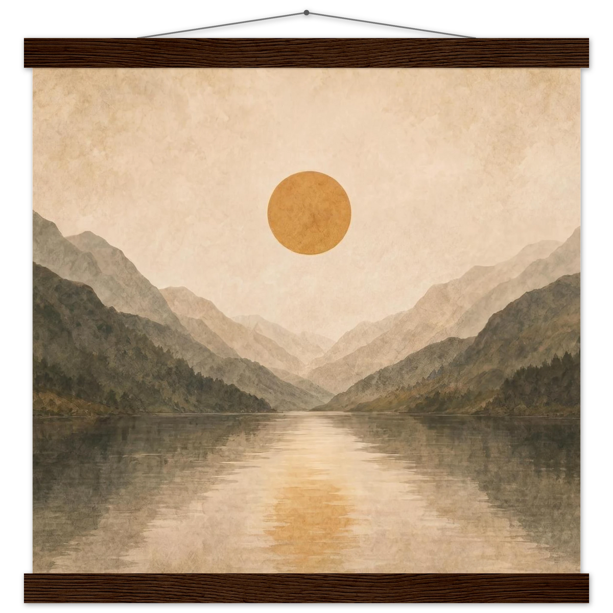 Lake Mirror: mountains, sunset and sun reflection. Fine art poster with wooden hanger by The Light Stays.