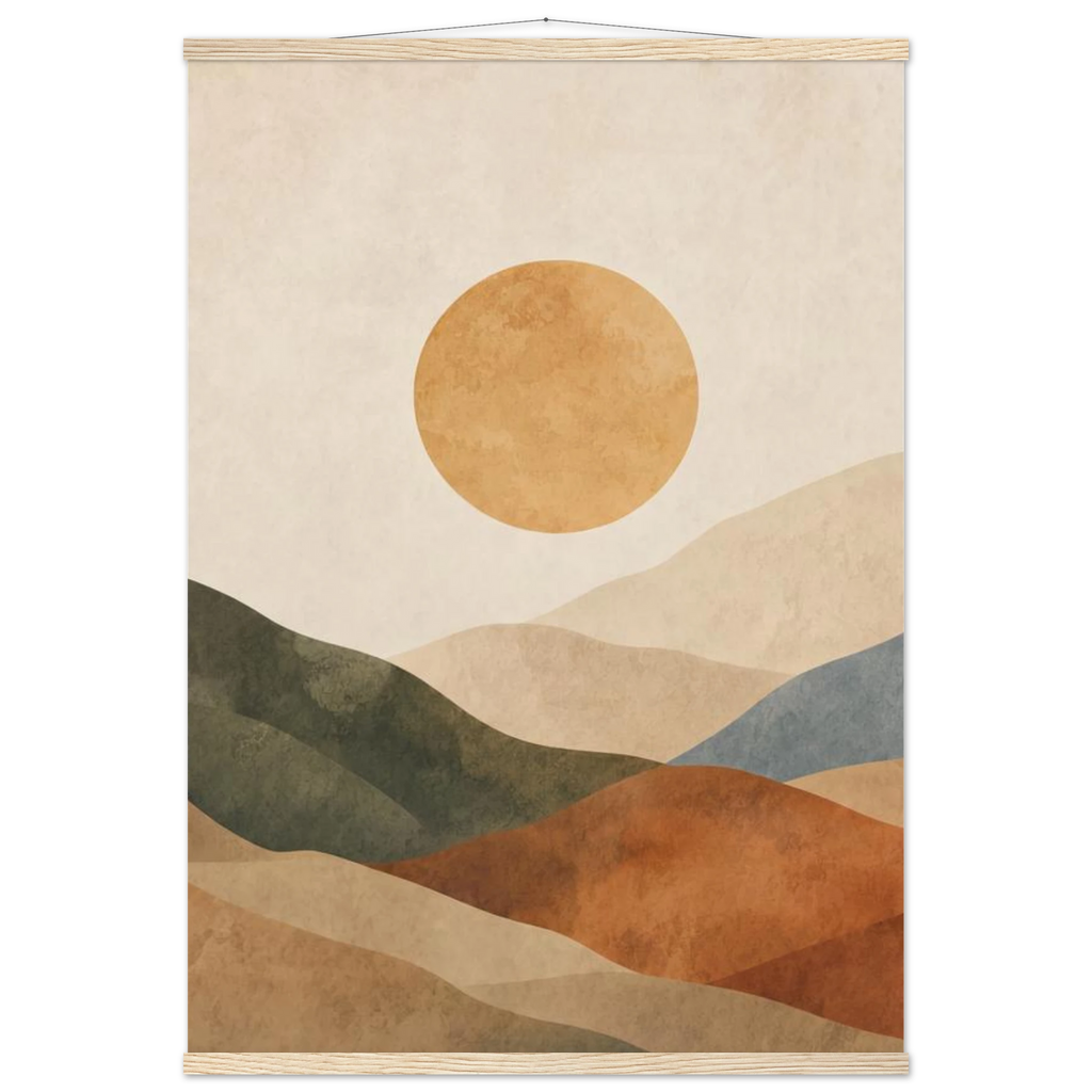 Pôster Clay Sun com suporte de madeira, sol quente sobre colinas em tons de terra