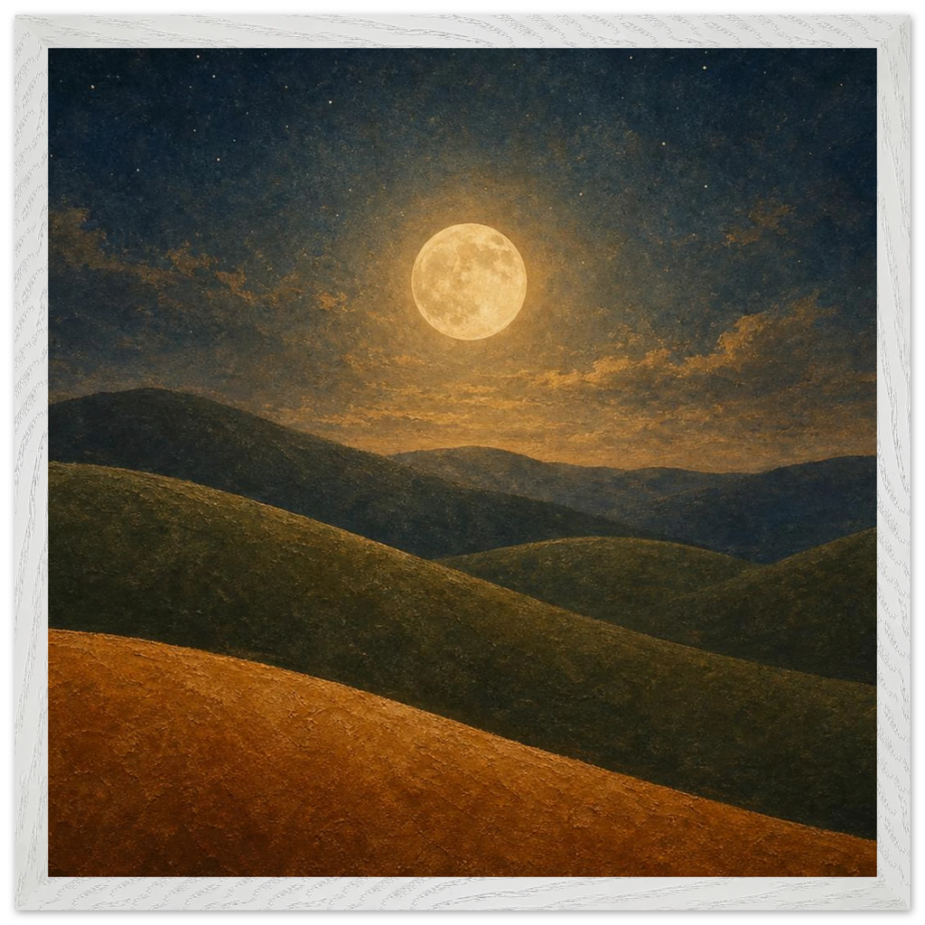 Quadro emoldurado Colinas da Lua, lua cheia sobre colinas em oliva e argila