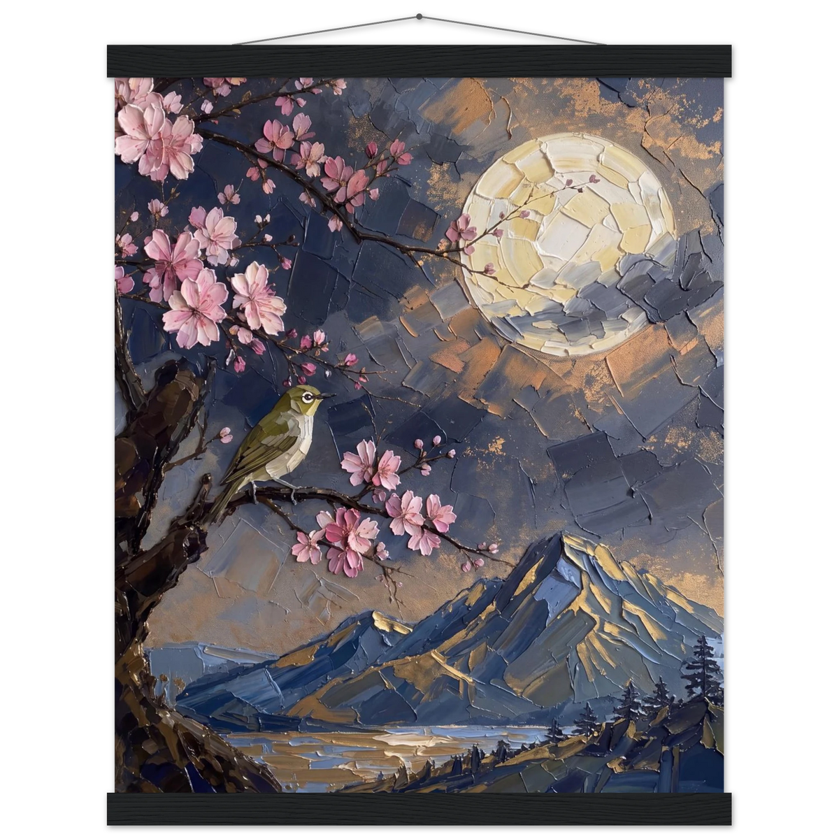 Blossom Moon: cherry blossom, japanese landscape and night. Fine art poster with wooden hanger by The Light Stays.