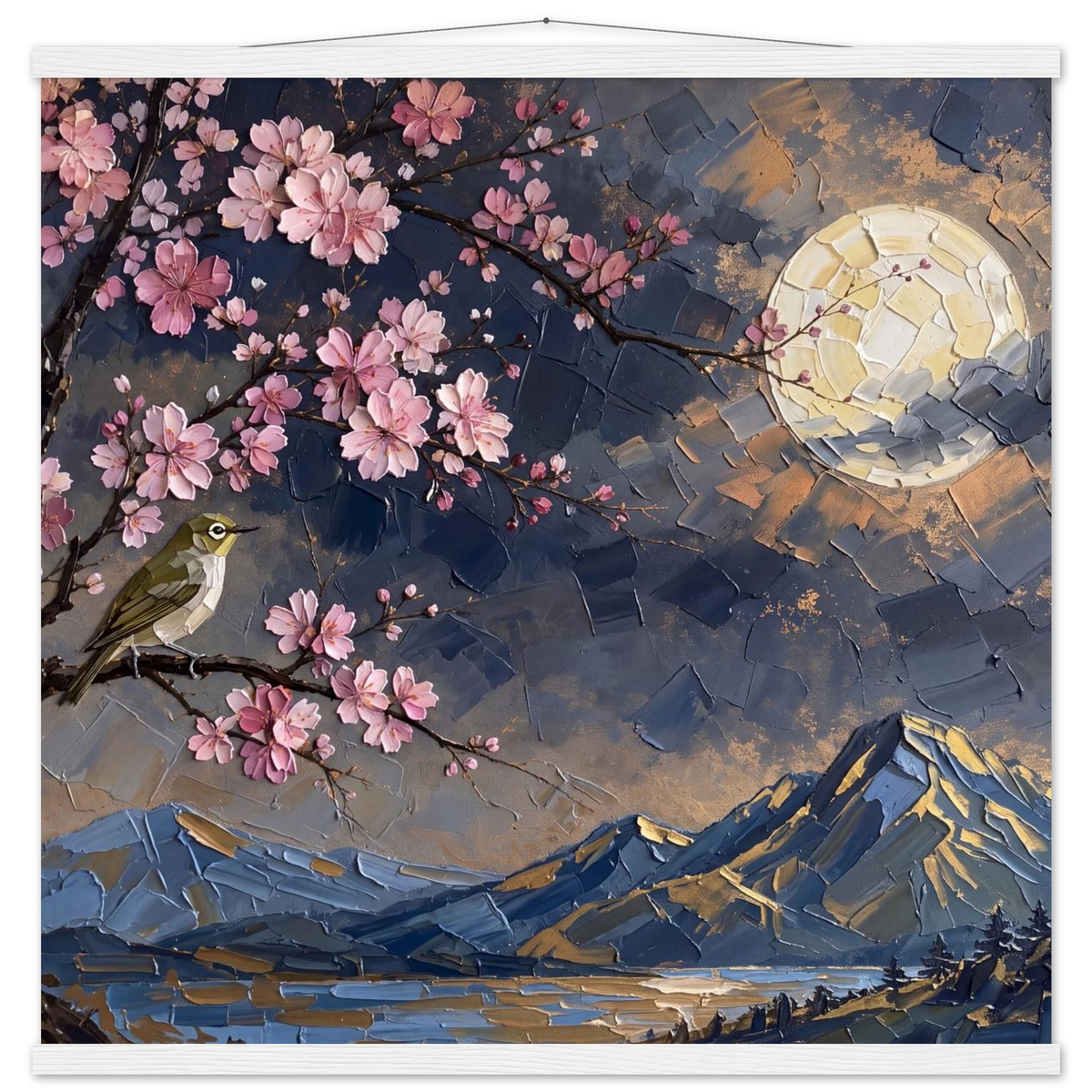 Blossom Moon: cherry blossom, japanese landscape and night. Fine art poster with wooden hanger by The Light Stays.
