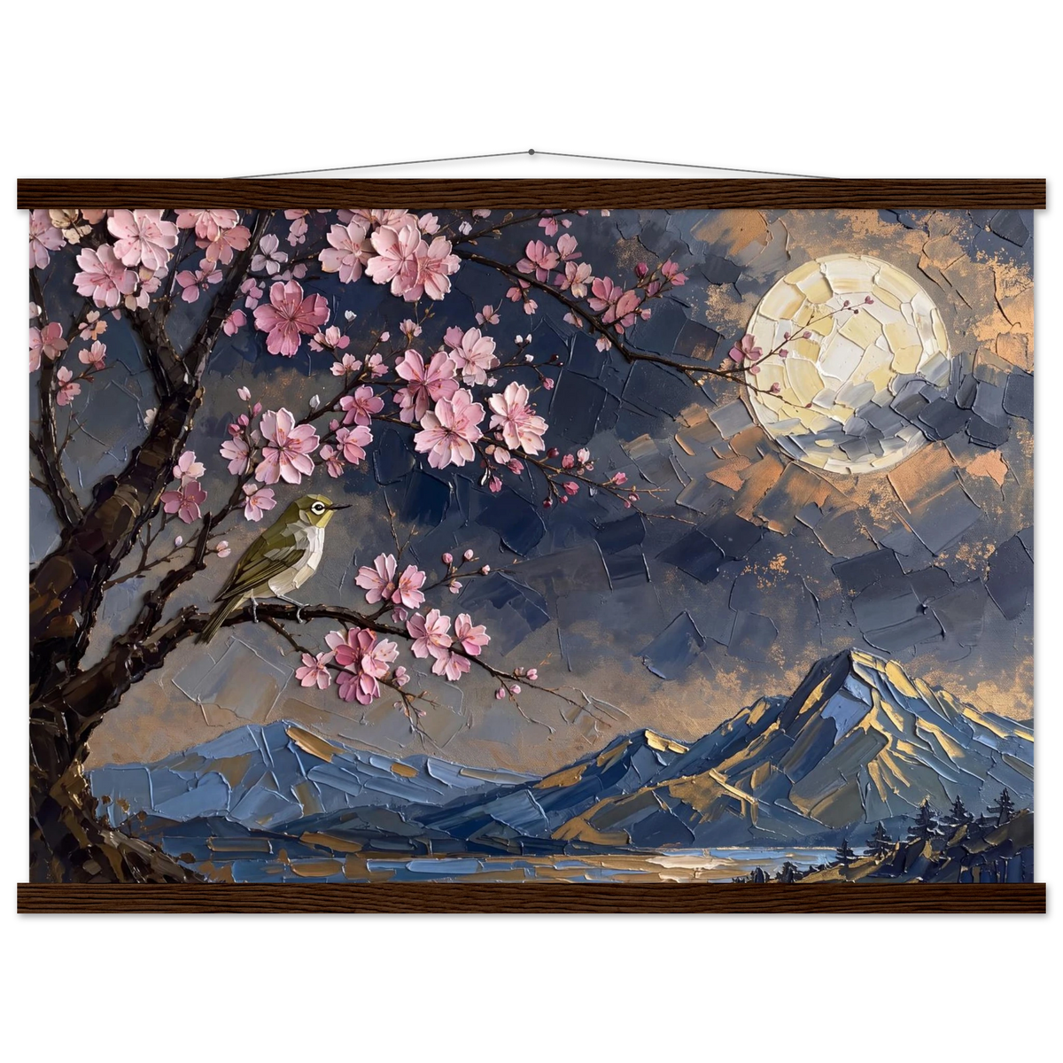 Blossom Moon: cherry blossom, japanese landscape and night. Fine art poster with wooden hanger by The Light Stays.