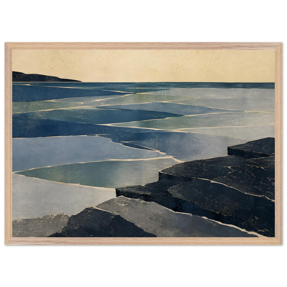 Indigo Tide: coastal landscape, jade water and japandi. Framed fine art print by The Light Stays.