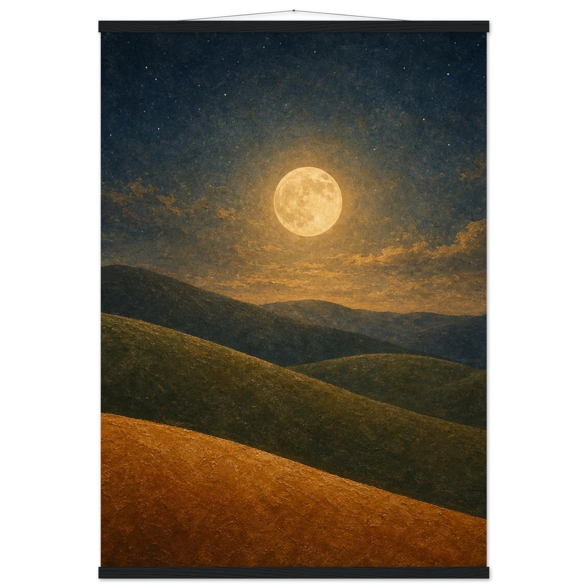 Moon Hills: night, minimalist landscape and charcoal. Fine art poster with wooden hanger by The Light Stays.