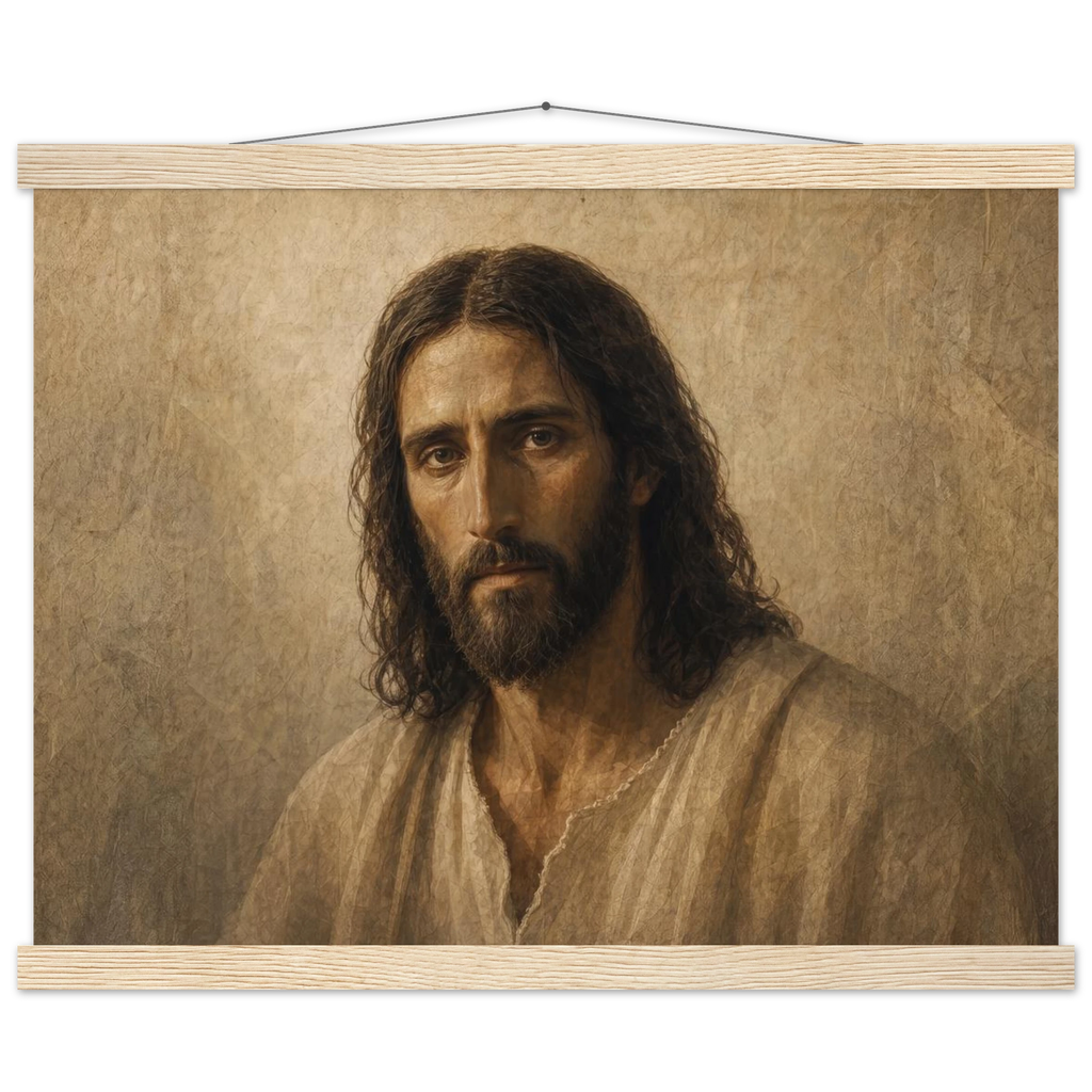 Pôster Kind Eyes com suporte de madeira, retrato sereno de Jesus em luz quente