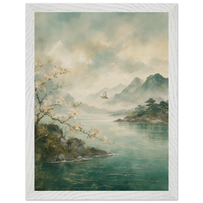 Japandi collection: misty lake with a cherry blossom branch, a bird in flight and distant green mountains, in a pale wood frame.
