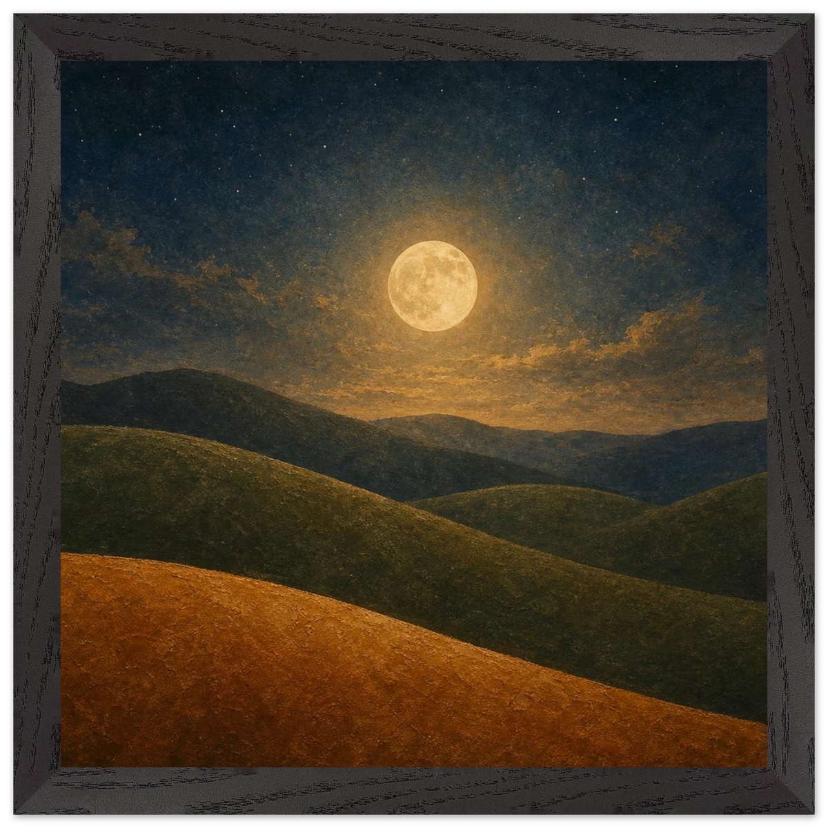 Moon Hills: night, minimalist landscape and charcoal. Framed fine art print by The Light Stays.
