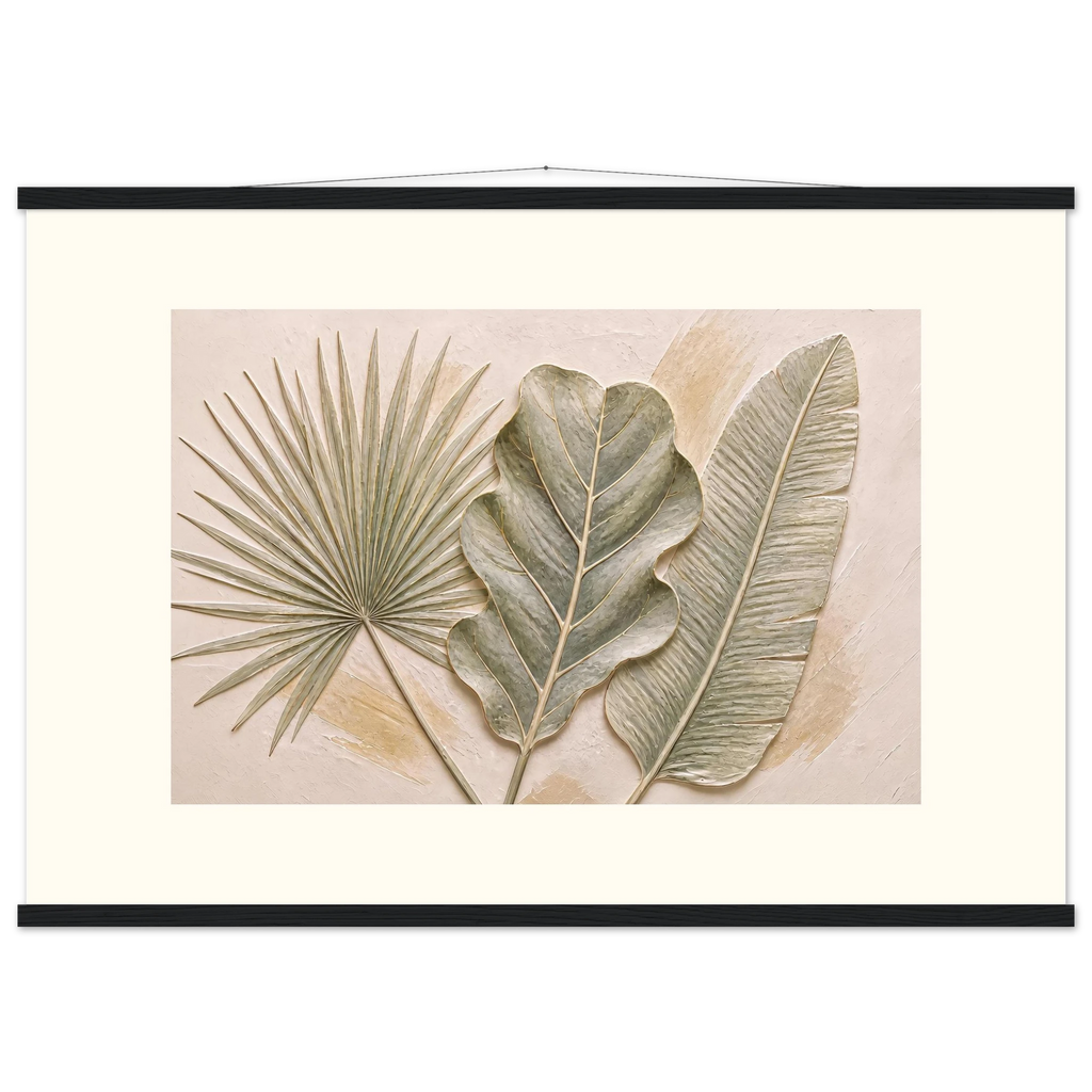 Three Leaves, botanical and nature. Archival fine art poster shown framed.