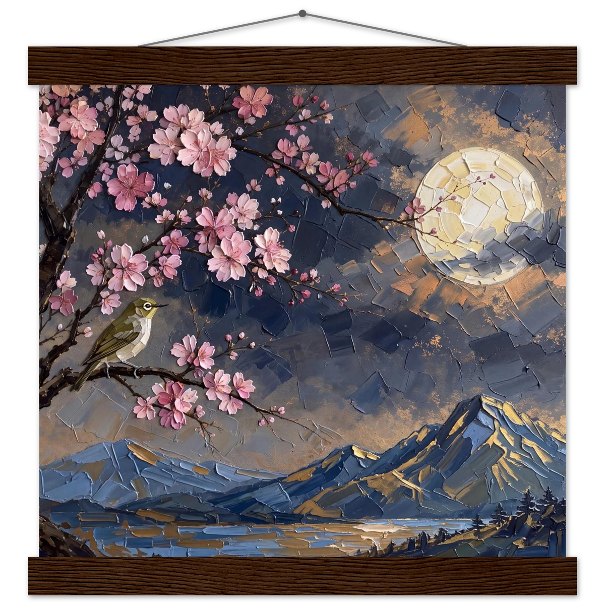 Blossom Moon: cherry blossom, japanese landscape and night. Fine art poster with wooden hanger by The Light Stays.