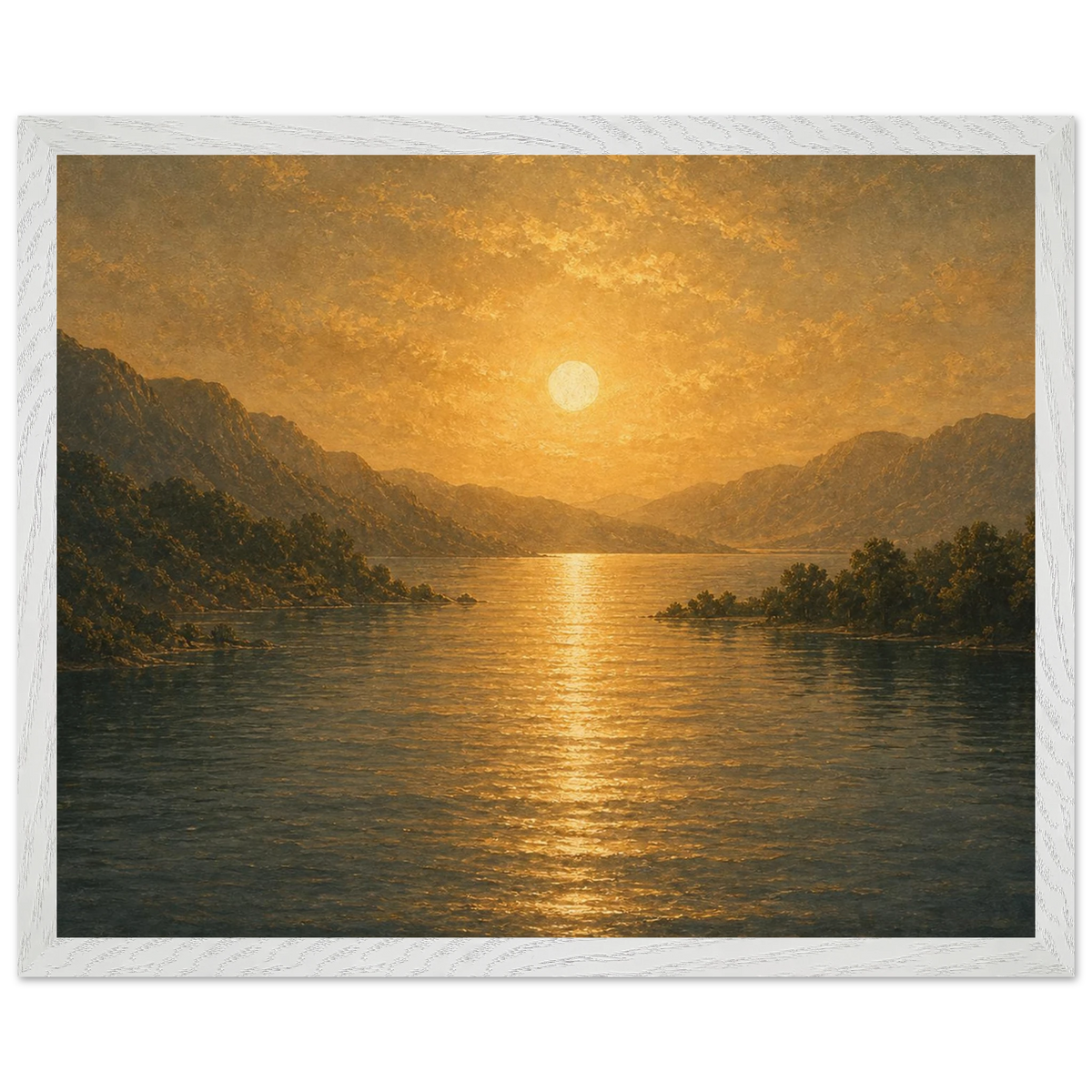 Golden Reflection: lake, sunset and mountains. Framed fine art print by The Light Stays.